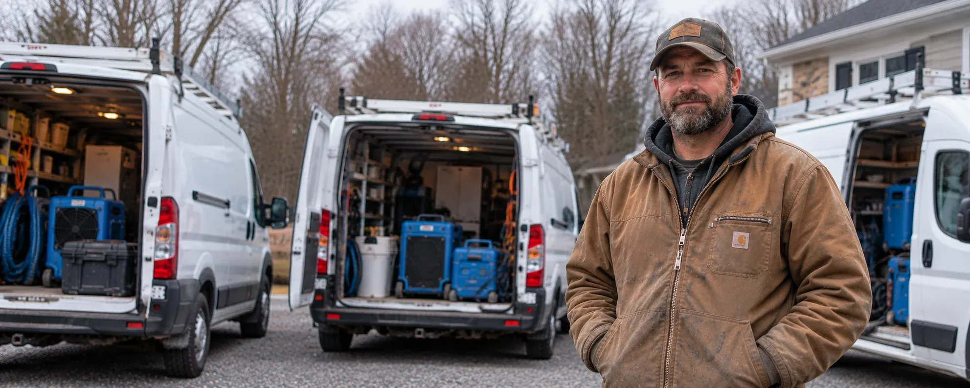 Team member standing beside three service vans stocked with remediation equipment