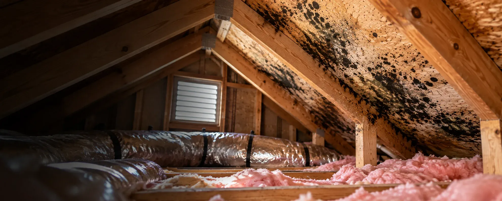 Attic roof sheathing with dark spotting above foil ductwork and pink insulation