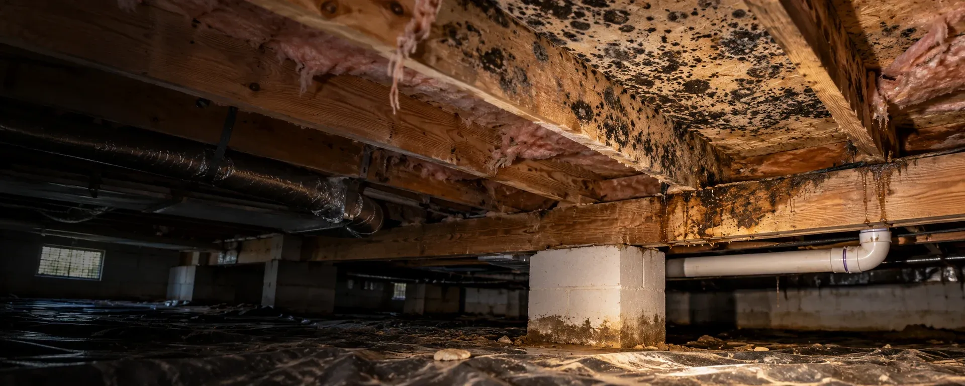 Dark speckled staining on crawl space joists and beams above a vapor barrier
