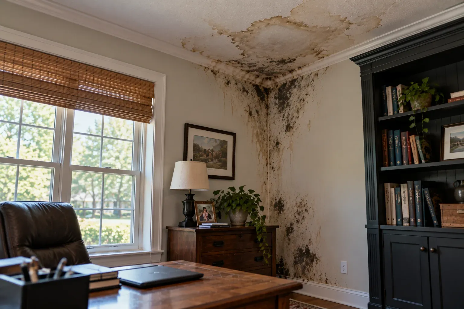Dark staining and water damage across a home office ceiling and wall beside a bookcase