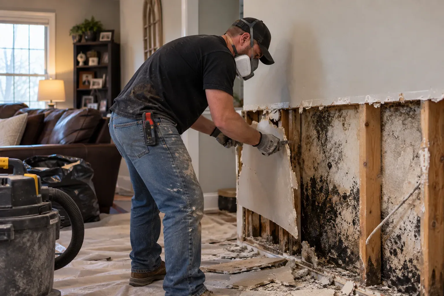 Worker removing damaged drywall to expose dark staining behind it