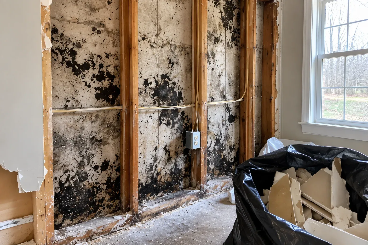 Mold growth on exposed wall framing beside a bag of removed drywall
