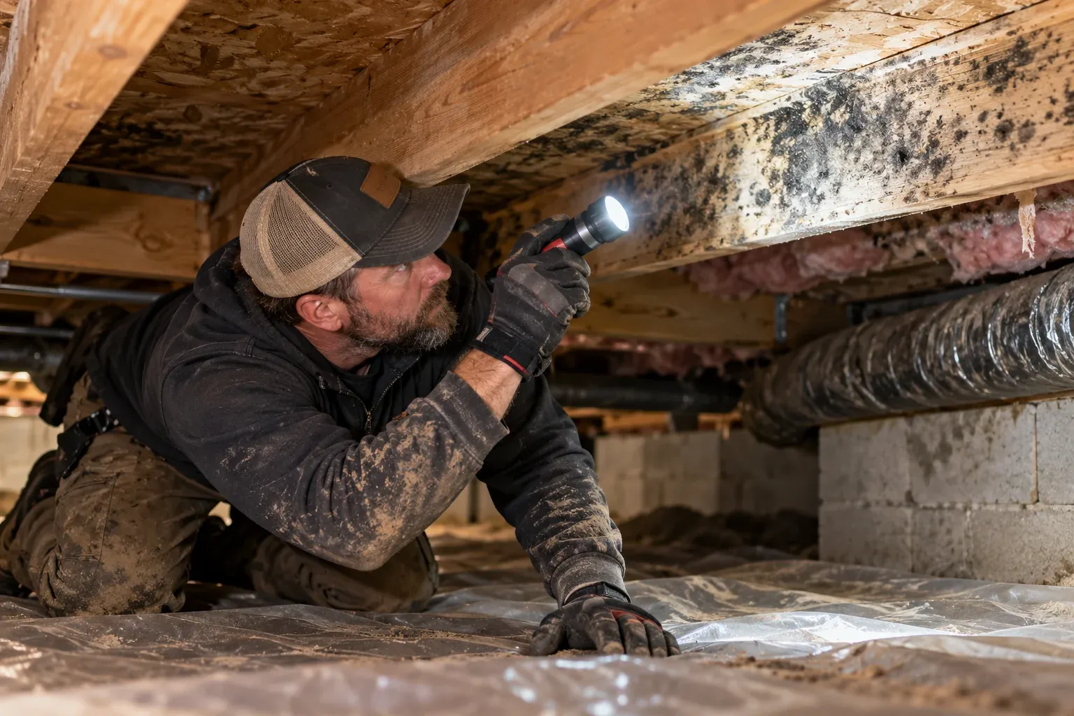 Inspector in a crawl space shining a flashlight on dark stains along a wooden joist