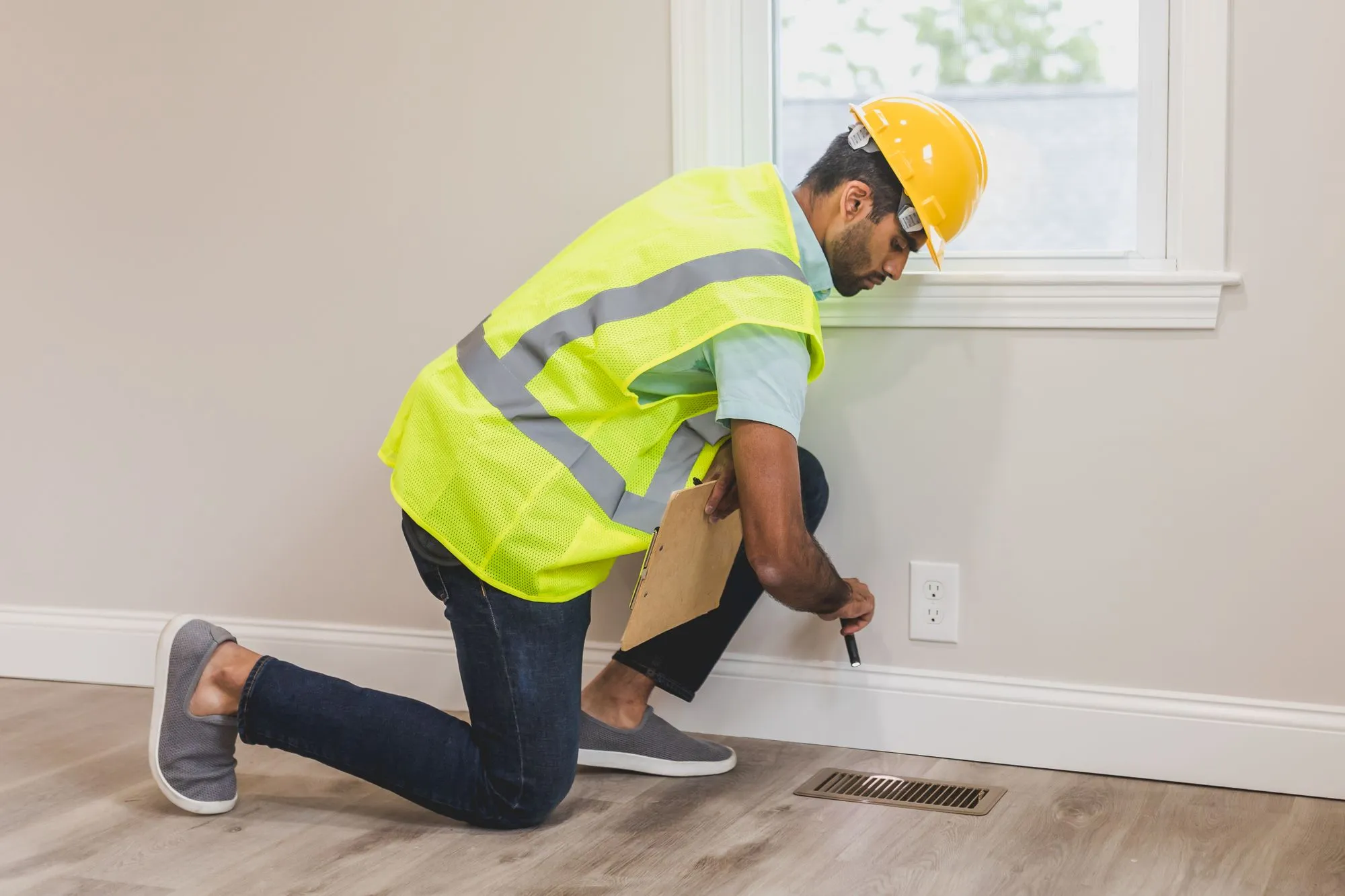 Pin moisture meter pressed against a basement drywall seam