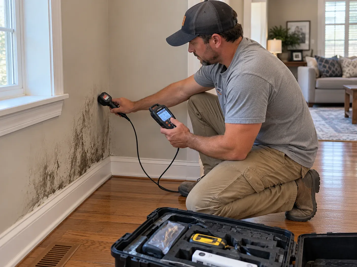 Person taking a moisture reading beside visible staining on an interior wall
