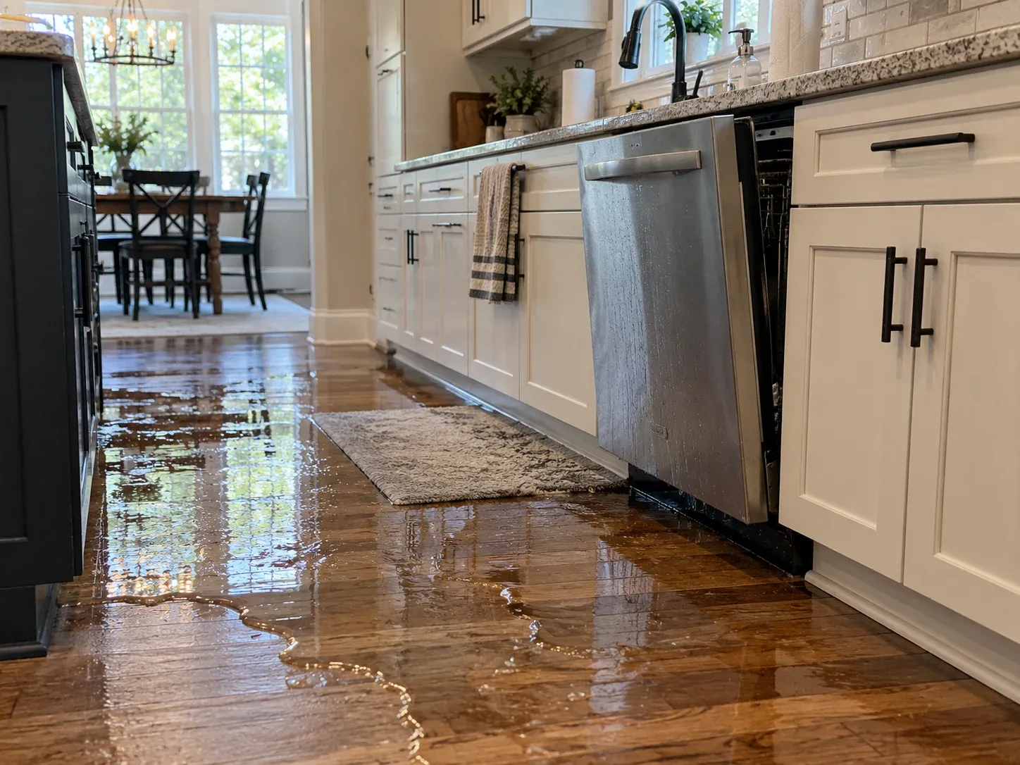 Water across a kitchen floor beside an open dishwasher